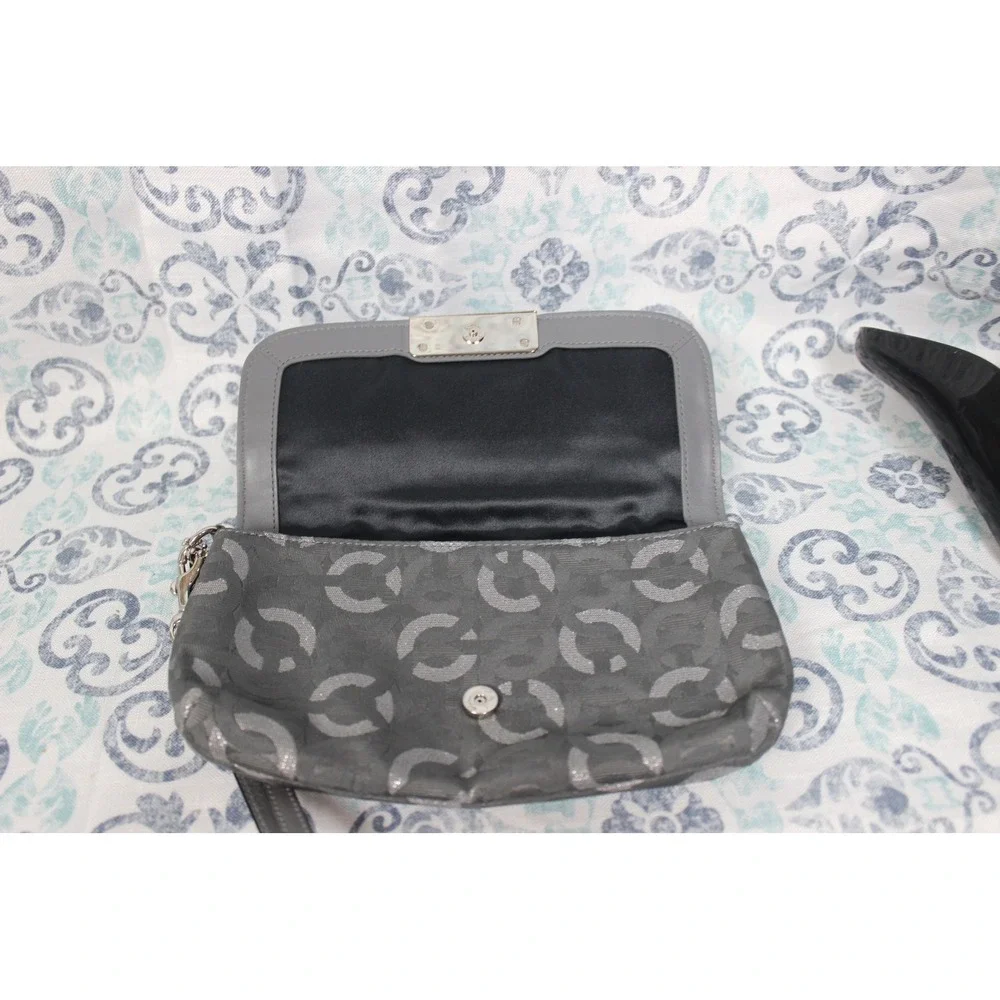 Coach Signature C Monogram Wristlet Clutch Gray Silver Metallic Leather Trim‎